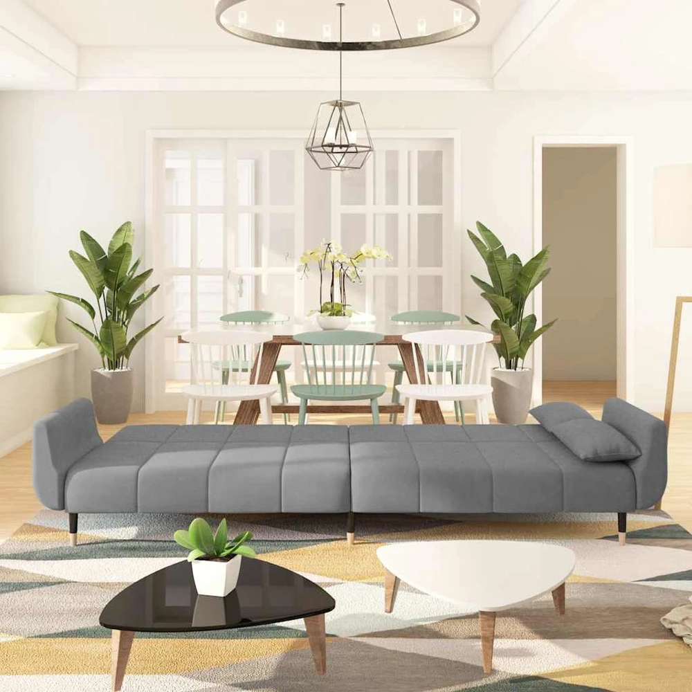 Dvivietė sofa-lova su dvejomis pagalvėmis, pilka, aksomas