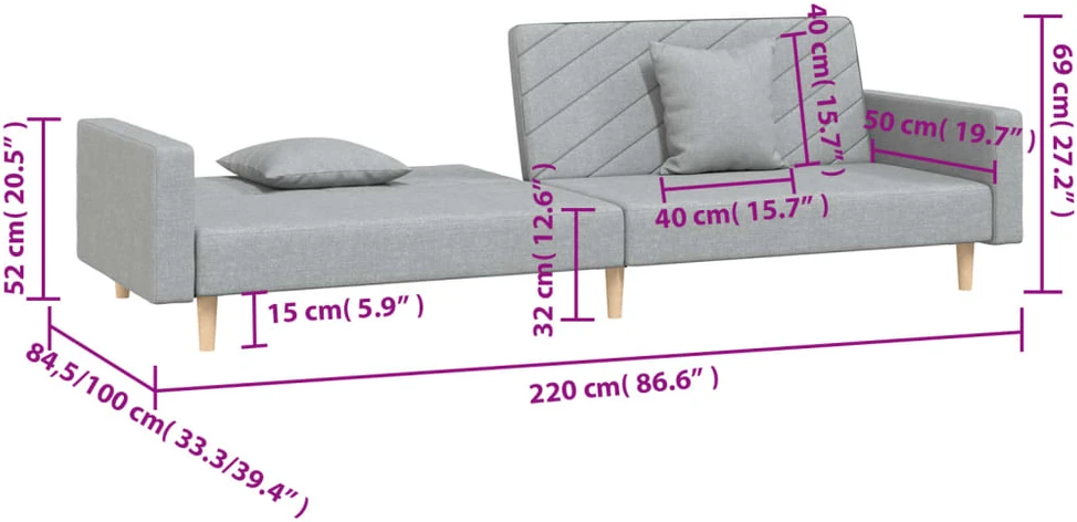Dvivietė sofa-lova su dvejomis pagalvėmis, pilka, audinys