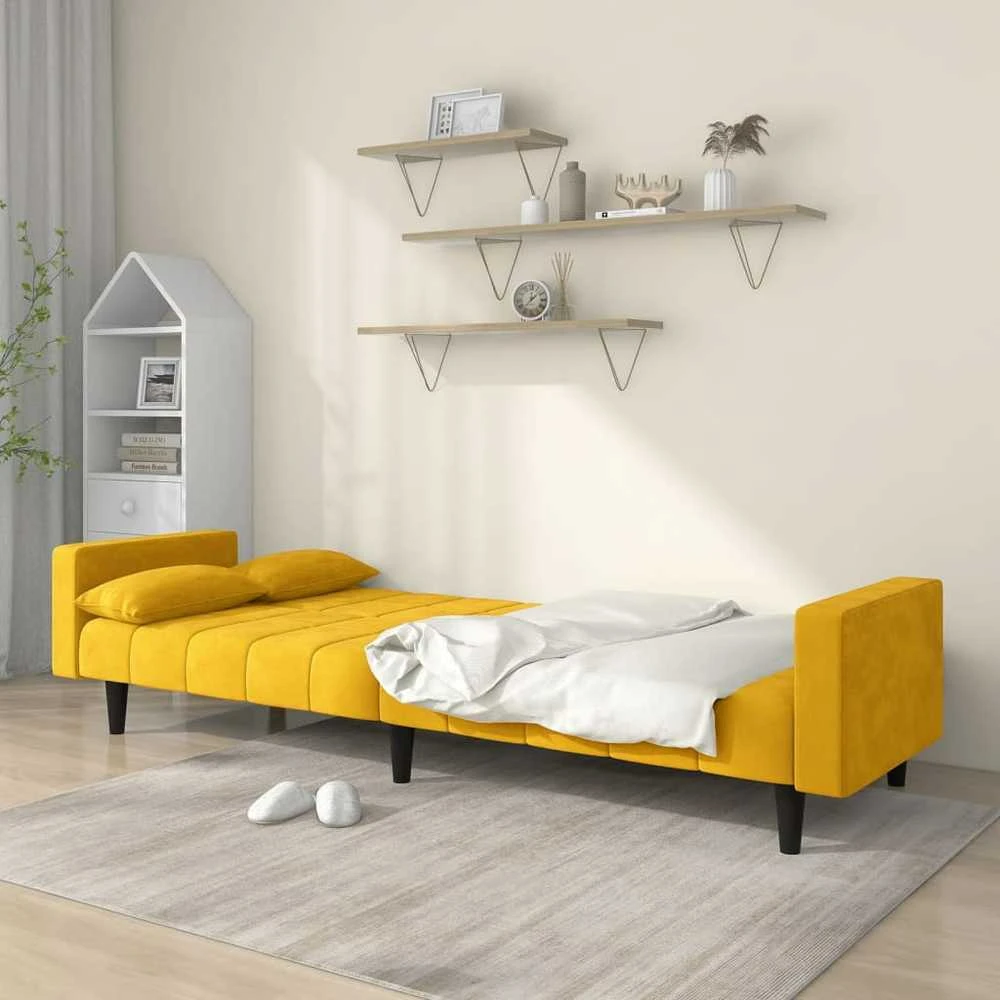 Dvivietė sofa-lova su dvejomis pagalvėmis, geltona, aksomas