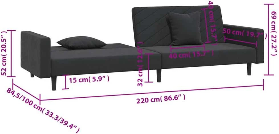 Dvivietė sofa-lova su dvejomis pagalvėmis, juoda, aksomas