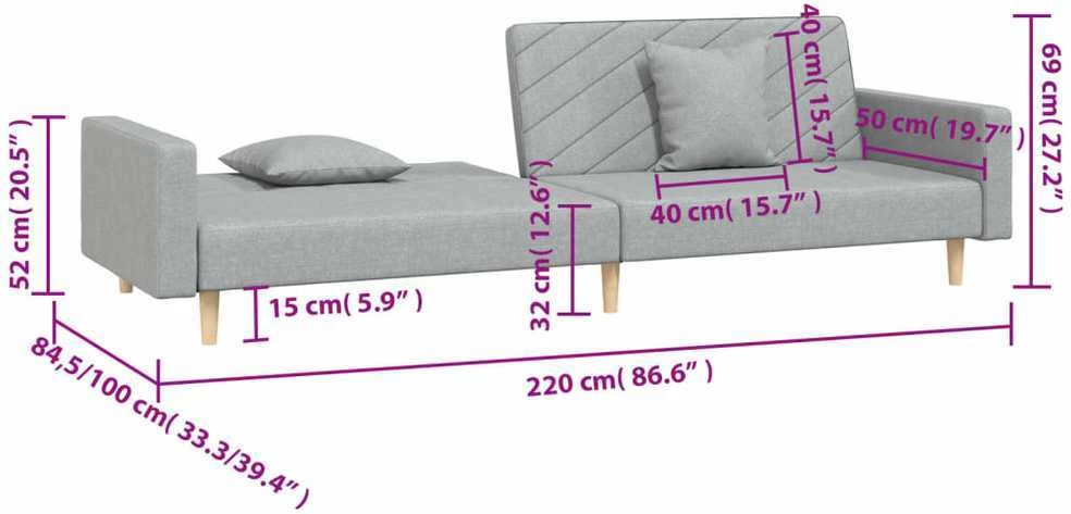 Dvivietė sofa-lova su dvejomis pagalvėmis, pilka, audinys