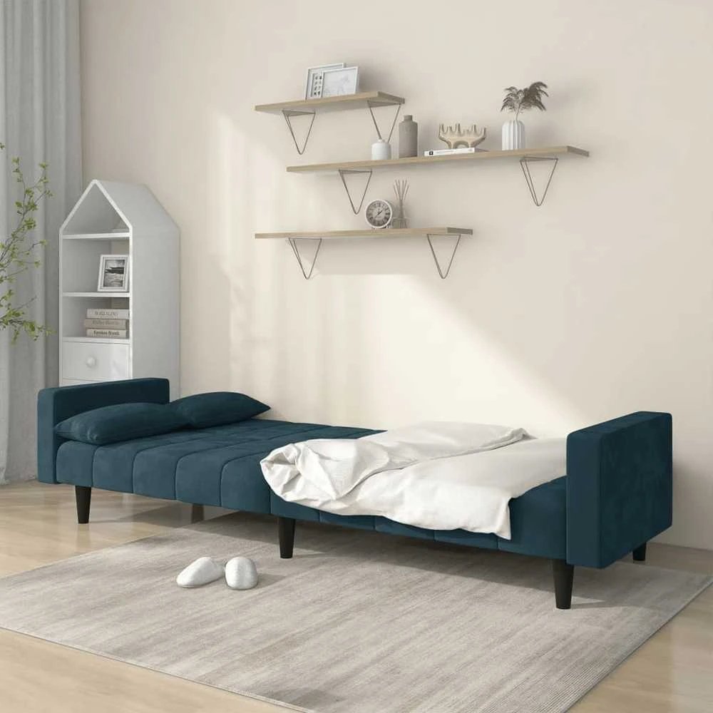 Dvivietė sofa-lova su dvejomis pagalvėmis, mėlyna, aksomas