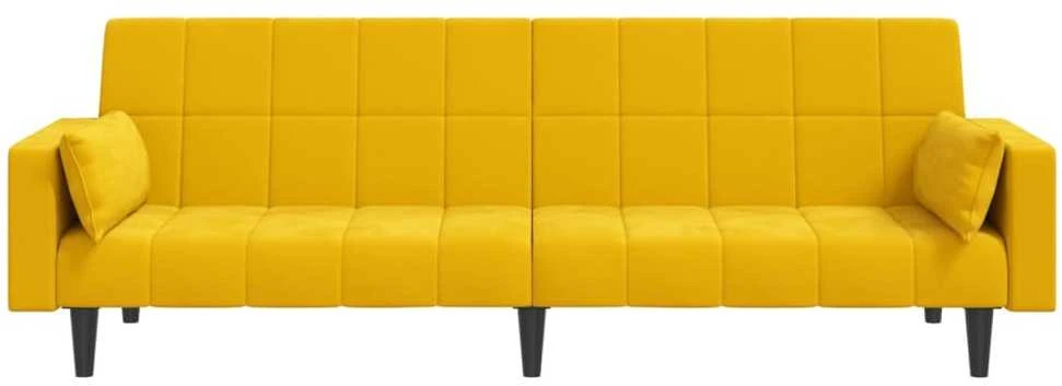 Dvivietė sofa-lova su dvejomis pagalvėmis, geltona, aksomas