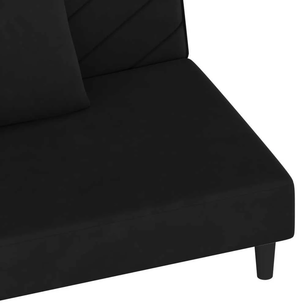 Dvivietė sofa-lova su dvejomis pagalvėmis, juoda, aksomas