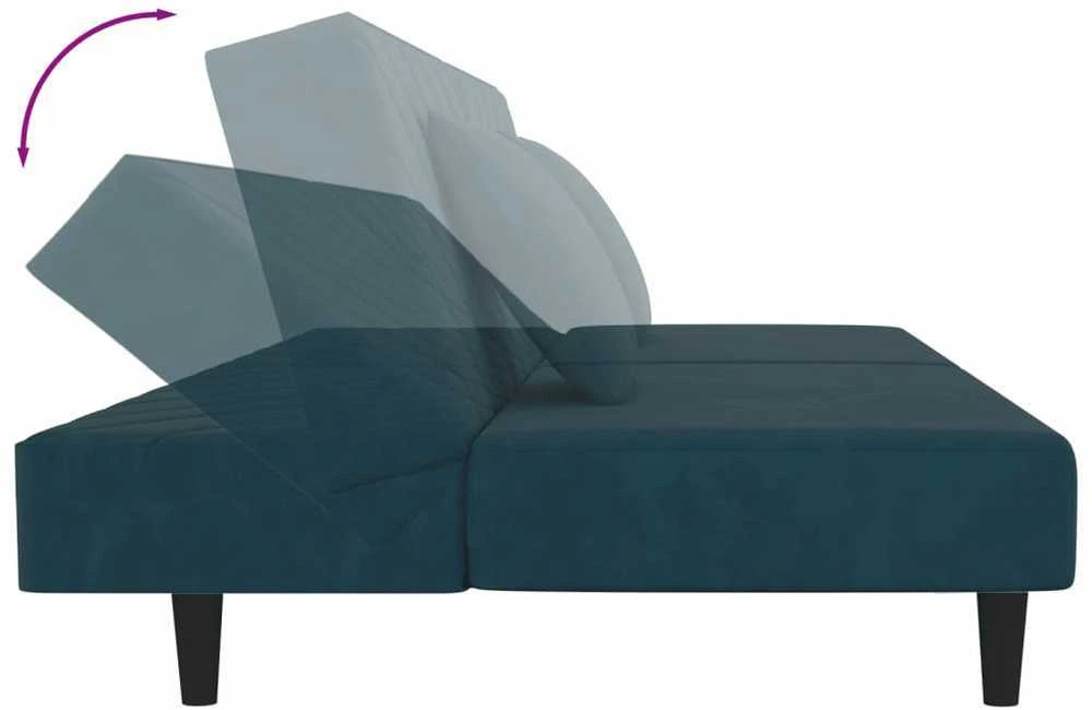 Dvivietė sofa-lova su dvejomis pagalvėmis, mėlyna, aksomas