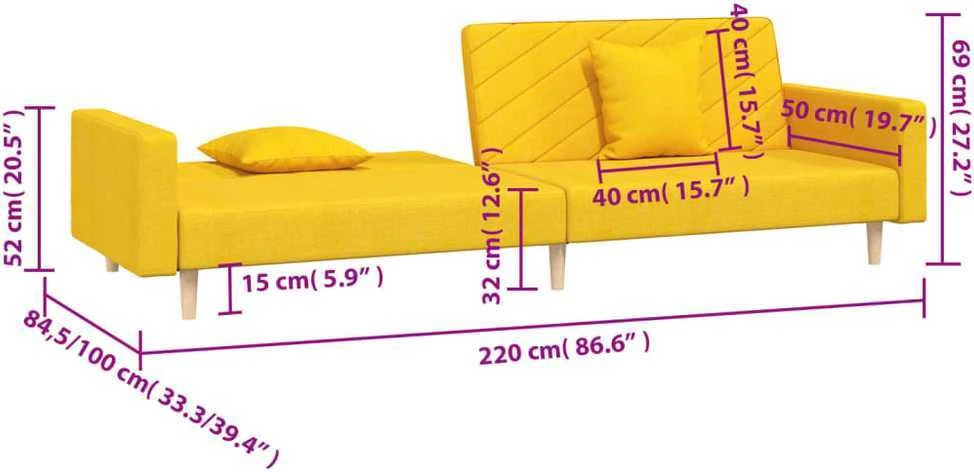 Dvivietė sofa-lova su dvejomis pagalvėmis, geltona, audinys