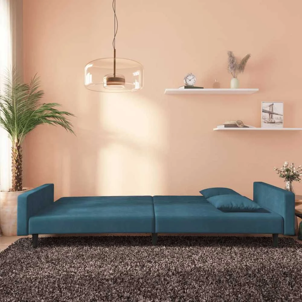 Dvivietė sofa-lova su dvejomis pagalvėmis, mėlyna, aksomas