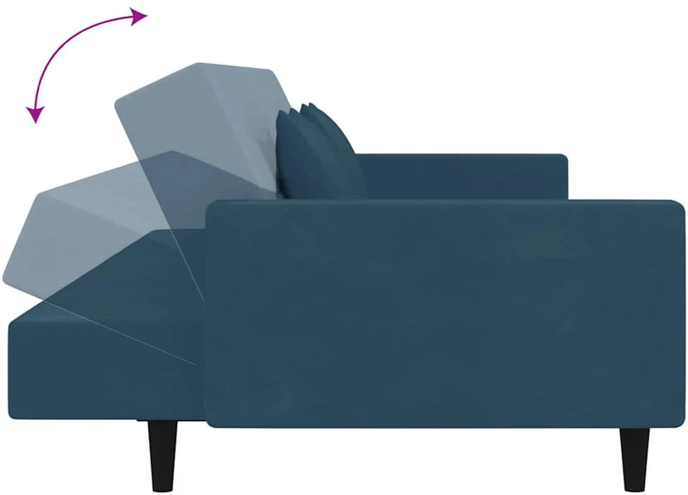 Dvivietė sofa-lova su dvejomis pagalvėmis, mėlyna, aksomas