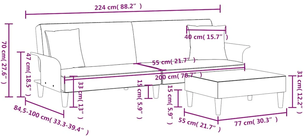 Dvivietė sofa-lova su pagalvėmis ir pakoja, pilka, aksomas