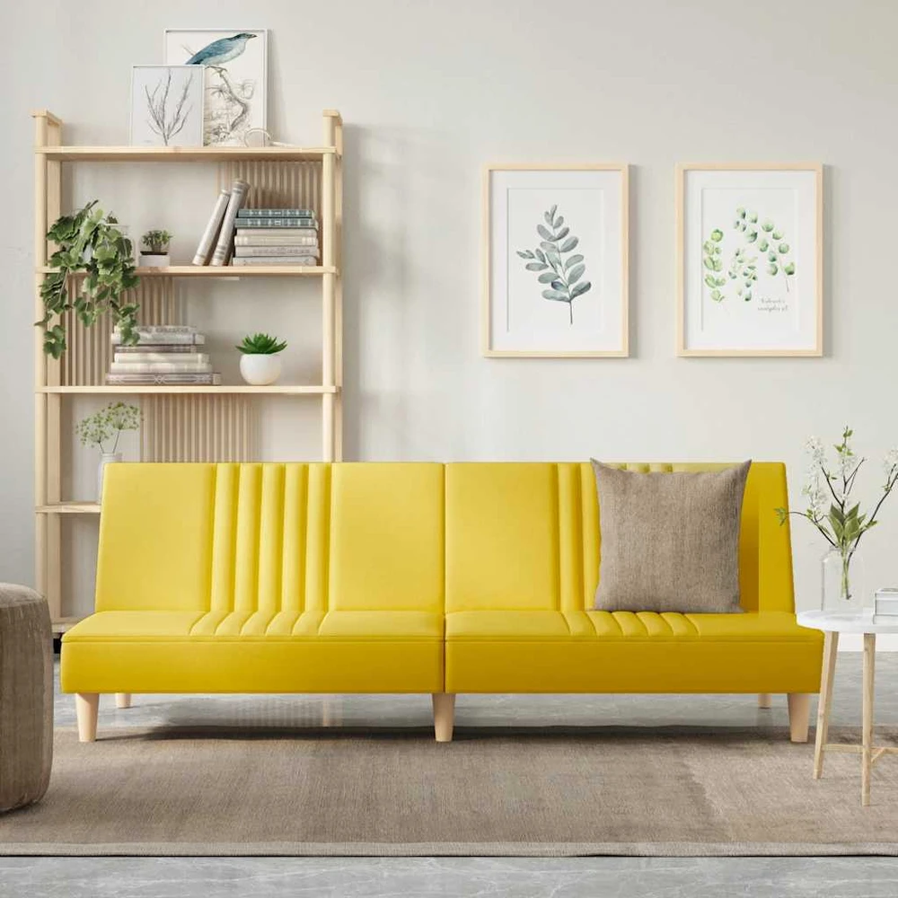 Dvivietė sofa-lova, šviesiai geltonos spalvos, audinys