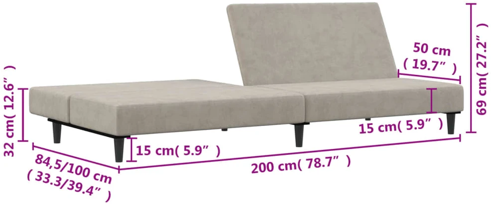Dvivietė sofa-lova, šviesiai pilkos spalvos, aksomas