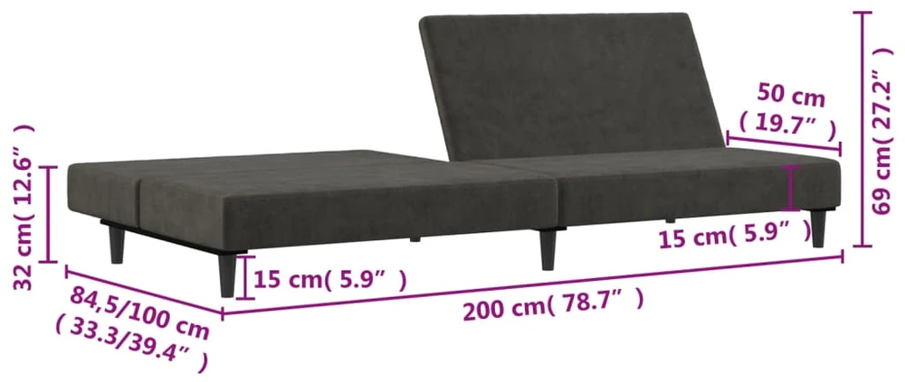 Dvivietė sofa-lova, tamsiai pilkos spalvos, aksomas
