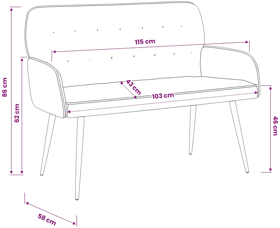 Dvivietė sofa su metalinėmis kojelėmis 2 vietos Vyno raudona