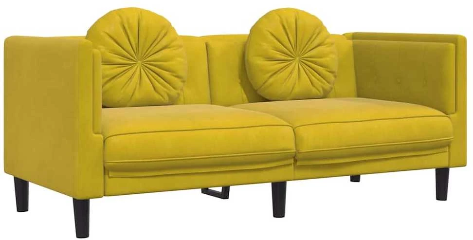Dvivietė sofa su pagalvėlėmis, geltonos spalvos, aksomas