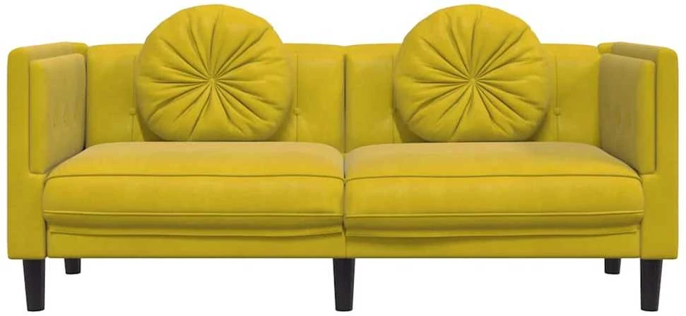 Dvivietė sofa su pagalvėlėmis, geltonos spalvos, aksomas