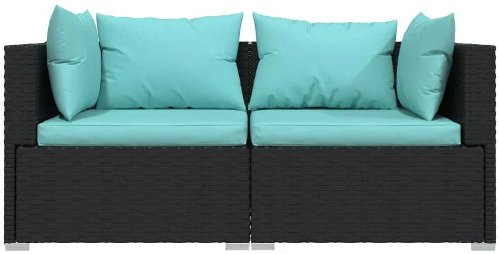 Dvivietė sofa su pagalvėlėmis, juodos spalvos, poliratanas