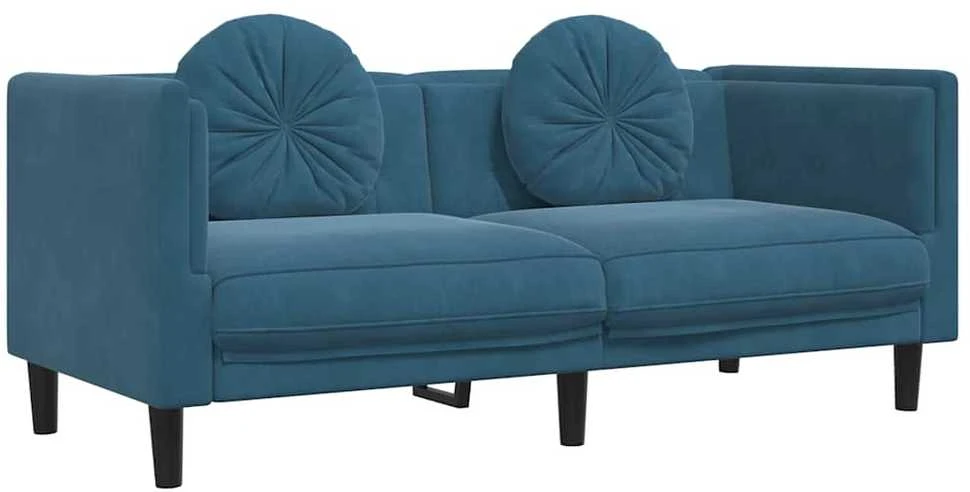 Dvivietė sofa su pagalvėlėmis, mėlynos spalvos, aksomas