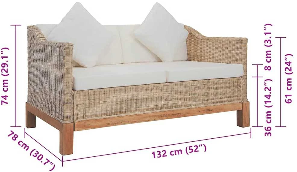 Dvivietė sofa su pagalvėlėmis, natūralus ratanas