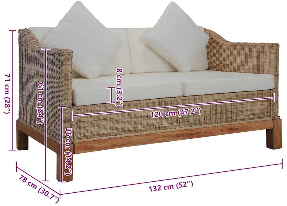 Dvivietė sofa su pagalvėlėmis, natūralus ratanas
