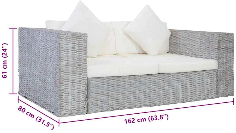 Dvivietė sofa su pagalvėlėmis, pilkos spalvos, natūr. ratanas