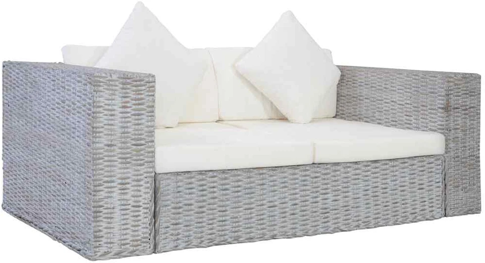 Dvivietė sofa su pagalvėlėmis, pilkos spalvos, natūr. ratanas