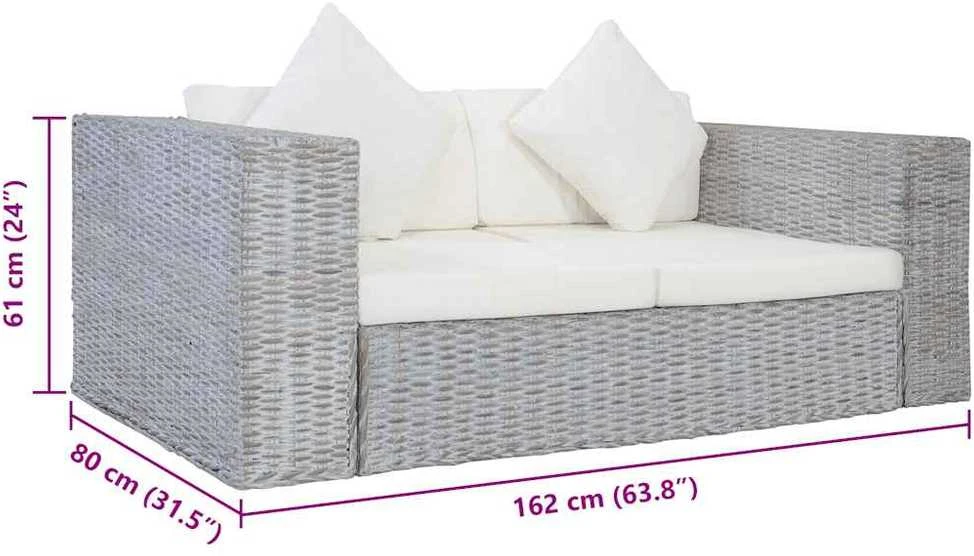 Dvivietė sofa su pagalvėlėmis, pilkos spalvos, natūr. ratanas