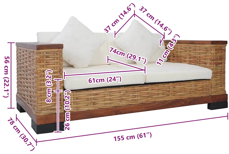 Dvivietė sofa su pagalvėlėmis, rudos sp., natūralus ratanas
