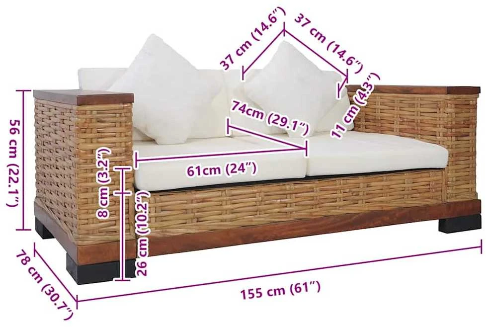 Dvivietė sofa su pagalvėlėmis, rudos sp., natūralus ratanas