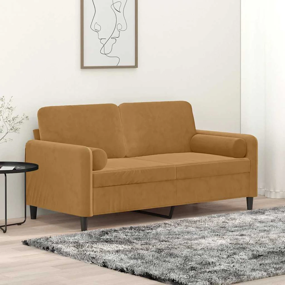 Dvivietė sofa su pagalvėlėmis, rudos spalvos, 140cm, aksomas