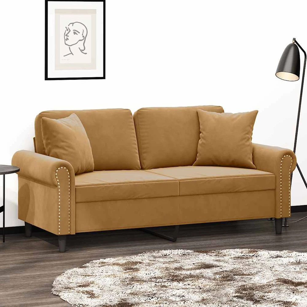 Dvivietė sofa su pagalvėlėmis, rudos spalvos, 140cm, aksomas