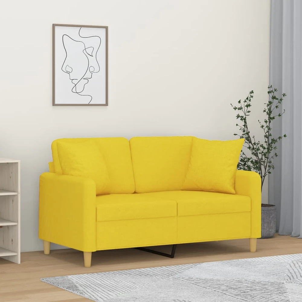 Dvivietė sofa su pagalvėlėmis, šviesiai geltona, 120cm, audinys