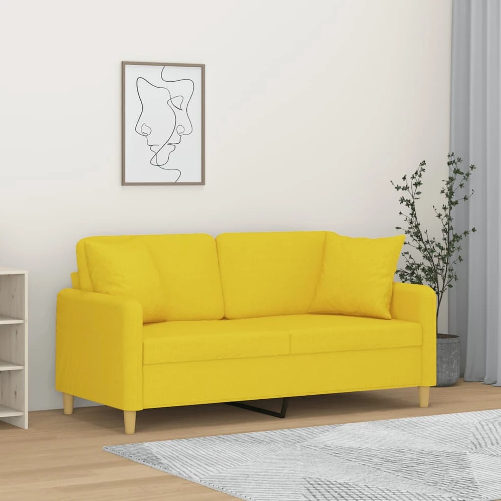 Dvivietė sofa su pagalvėlėmis, šviesiai geltona, 140cm, audinys