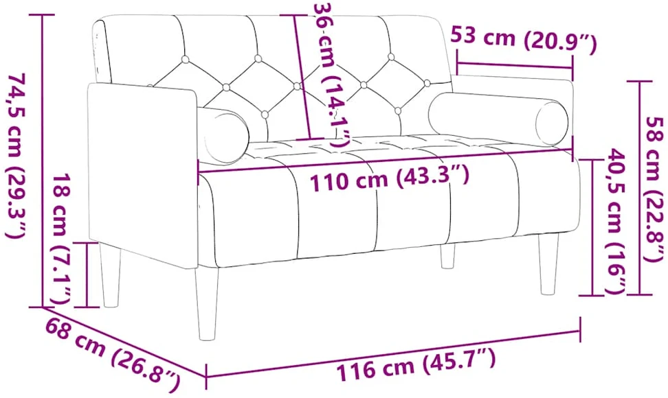 Dvivietė sofa su pagalvėlėmis, tamsiai pilka, 110 cm, aksomas