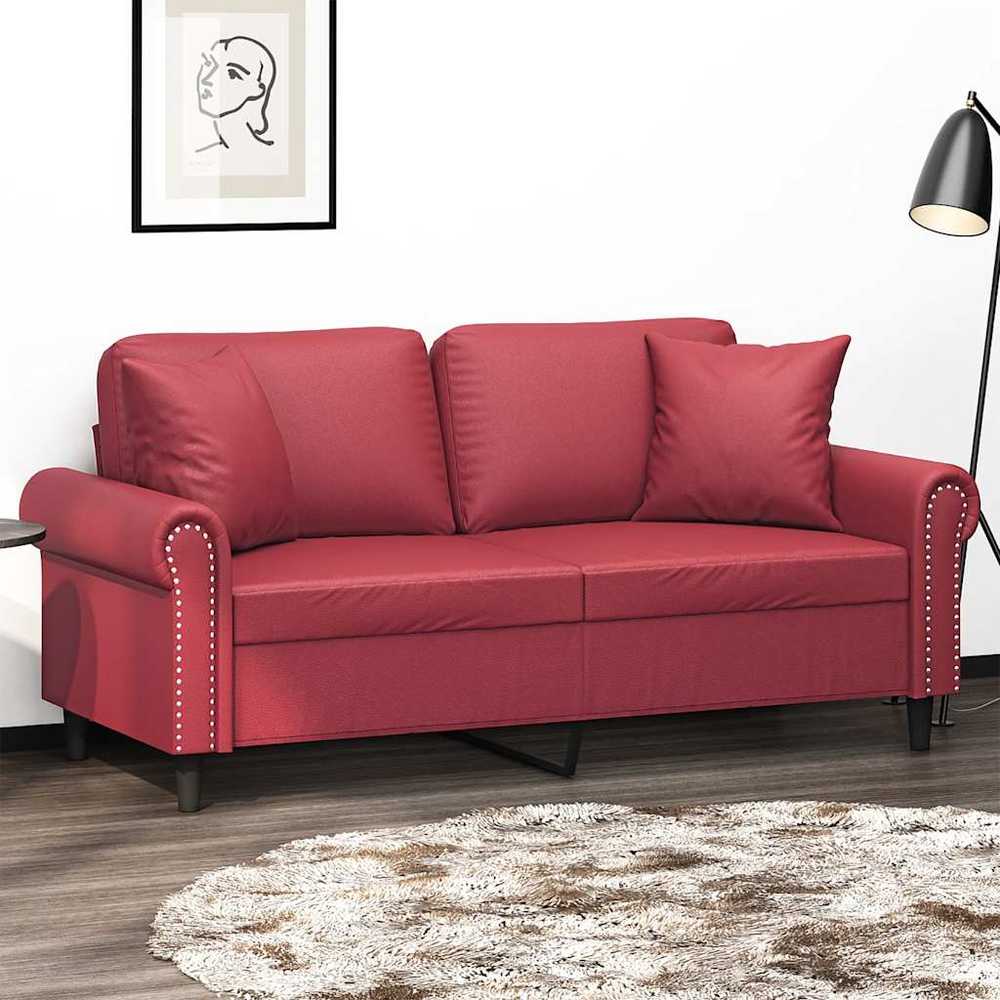 Dvivietė sofa su pagalvėlėmis, vyno, 140cm, dirbtinė oda