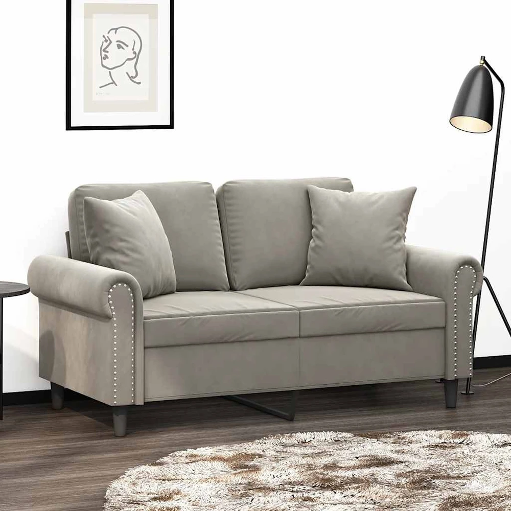 Dvivietė sofa su pagalvėmis, šviesiai pilka, 120cm, aksomas