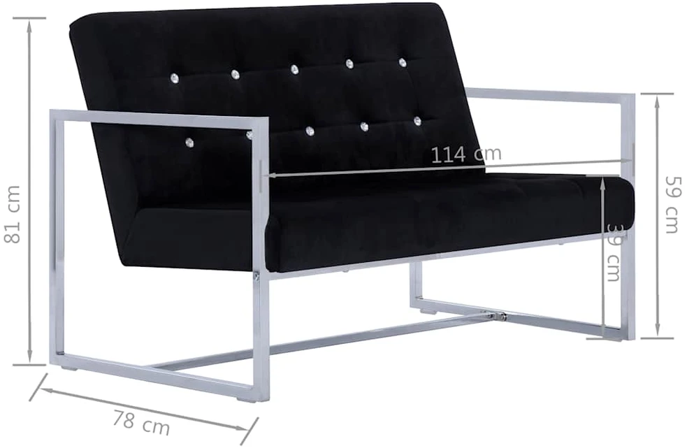 Dvivietė sofa su porankiais, juodos sp., chromas ir aksomas