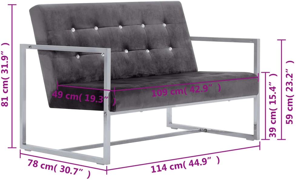 Dvivietė sofa su porankiais, tamsiai pilka, chromas ir aksomas