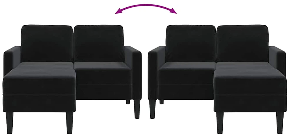 Dvivietė sofa su šezlongu, L formos, juoda, 125 cm, aksominis