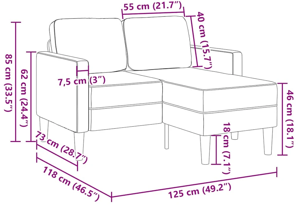 Dvivietė sofa su šezlongu, L formos, ruda, 125 cm, dirbtinė oda