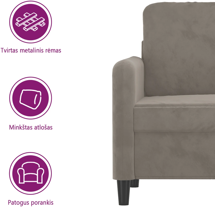 Dvivietė sofa, šviesiai pilkos spalvos, 120cm, aksomas
