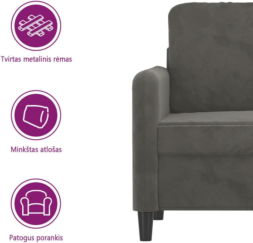 Dvivietė sofa, tamsiai pilkos spalvos, 120cm, aksomas