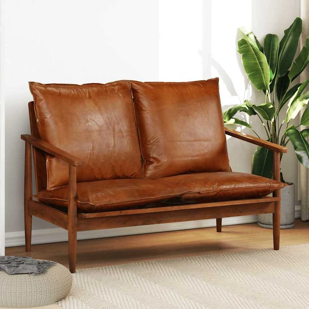 Dvivietė sofa, tikra oda ir akacijos mediena, ruda