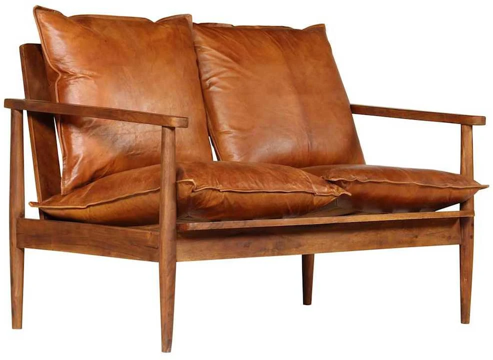 Dvivietė sofa, tikra oda ir akacijos mediena, ruda