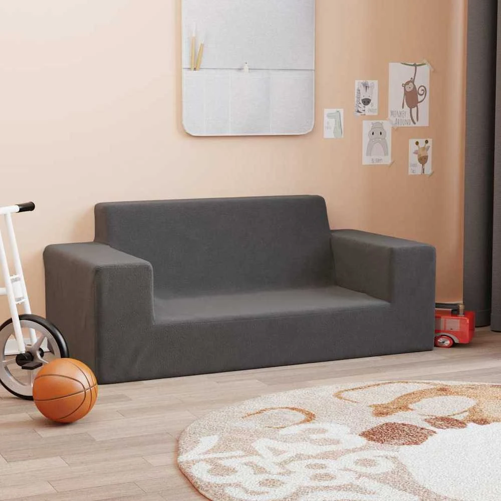 Dvivietė vaikiška sofa, antracito spalvos, minkštas pliušas