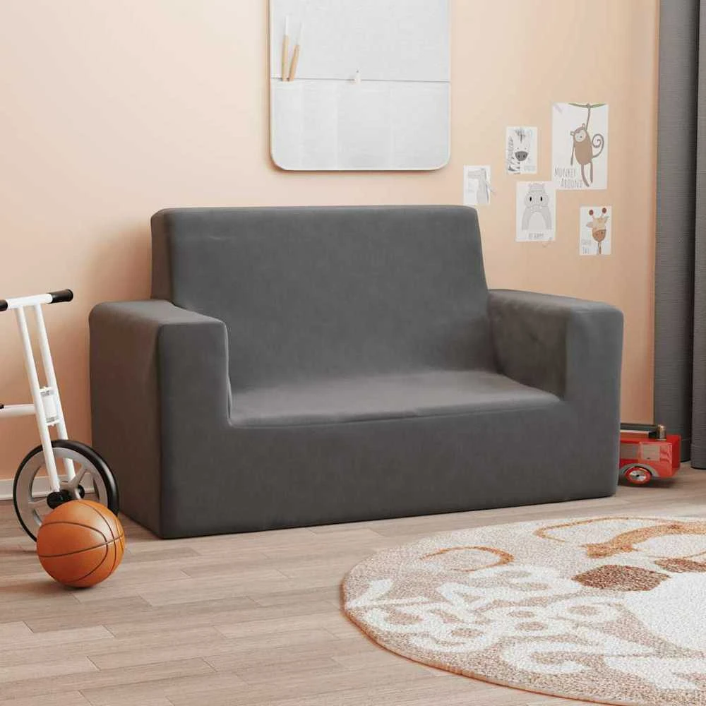 Dvivietė vaikiška sofa, antracito spalvos, minkštas pliušas