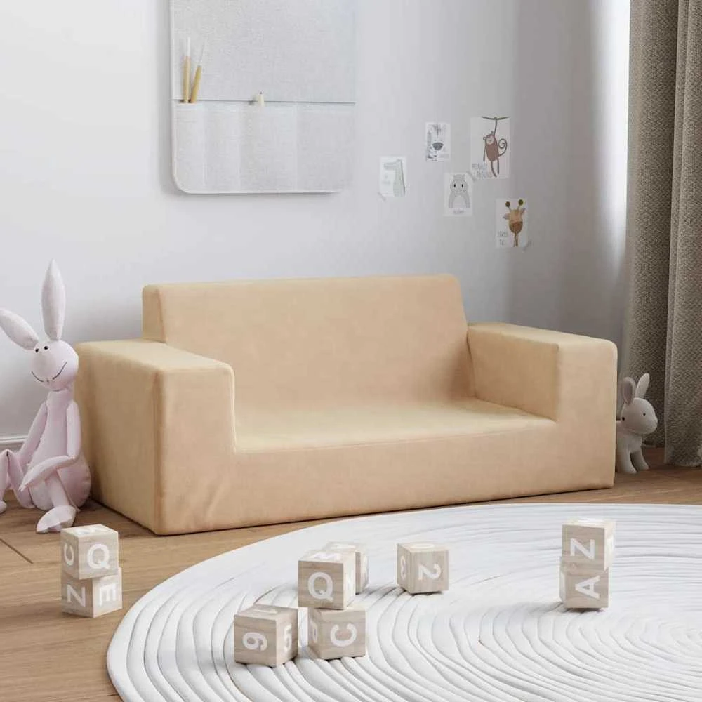 Dvivietė vaikiška sofa, kreminės spalvos, minkštas pliušas