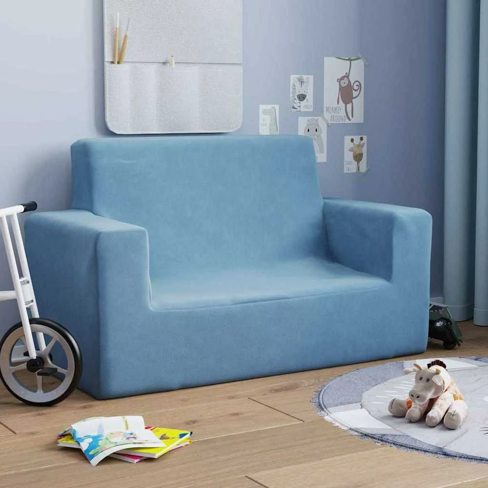 Dvivietė vaikiška sofa, mėlynos spalvos, minkštas pliušas