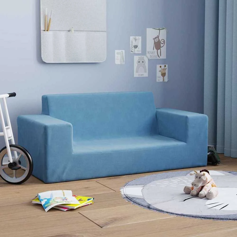 Dvivietė vaikiška sofa, mėlynos spalvos, minkštas pliušas