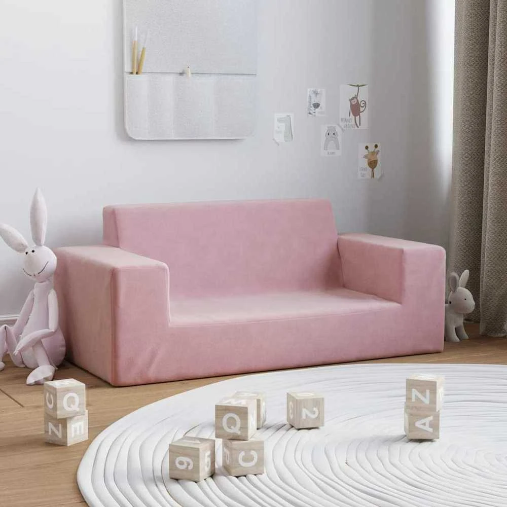 Dvivietė vaikiška sofa, rožinės spalvos, minkštas pliušas