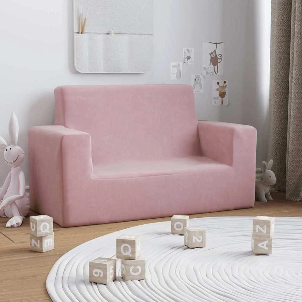 Dvivietė vaikiška sofa, rožinės spalvos, minkštas pliušas
